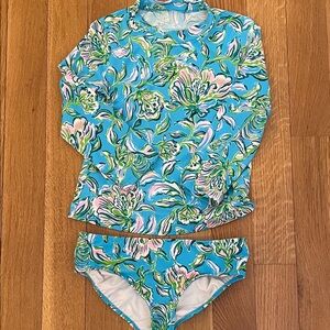Lilly Pulitzer Turquoise Floral Kids Rash Guard Set 10 EUC